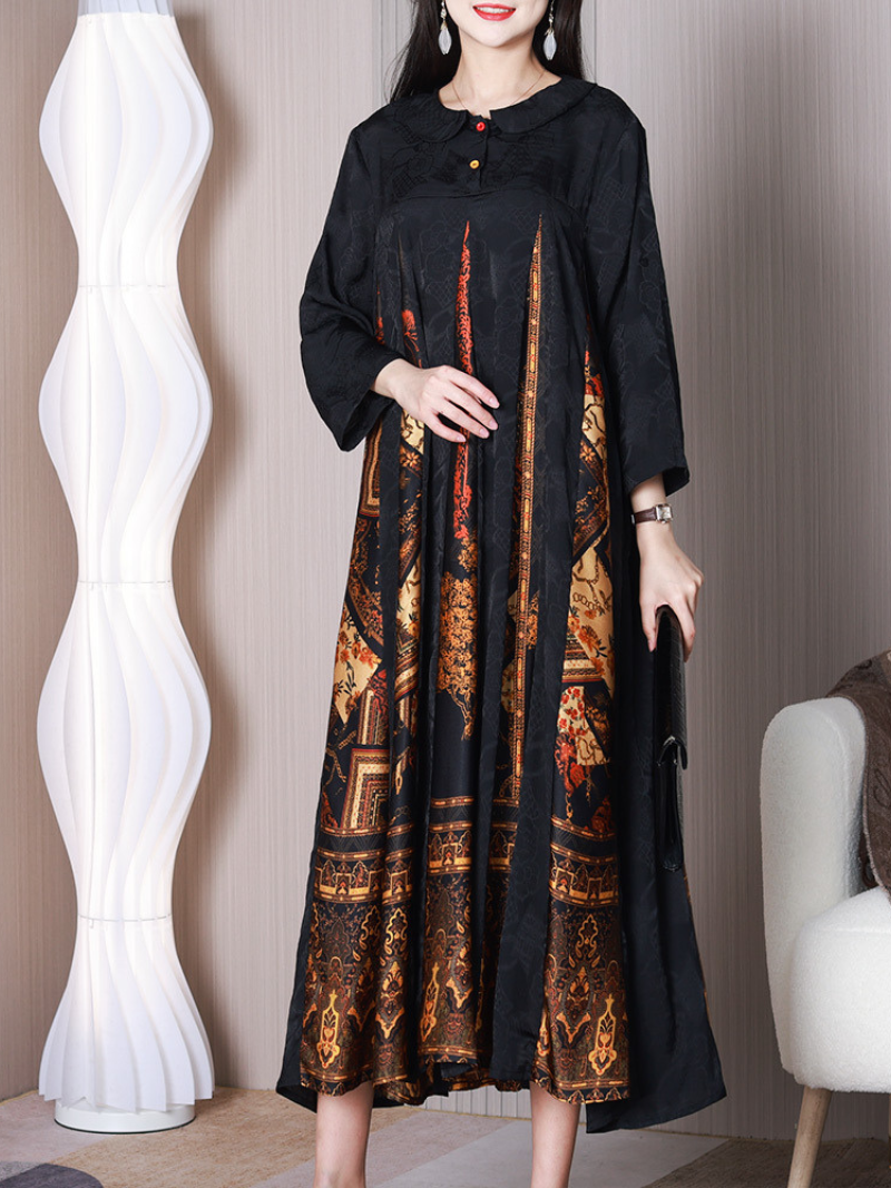 Jacquard Floral Peter Pan Collar Button Front Border Print Panel A-Line Maxi Dress
