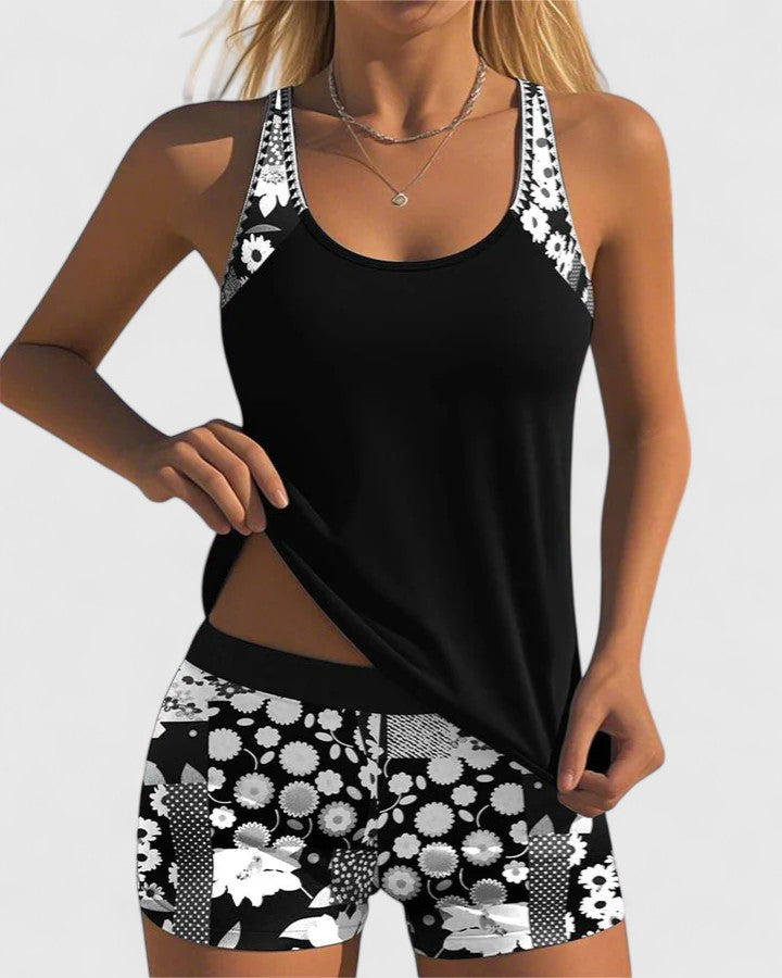 Racerback Tank and Floral Print Shorts Tankini Swimsuit Set