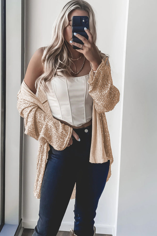 Sequin Collared V-Neck Long Sleeve Oversized Button Front Shirt 5