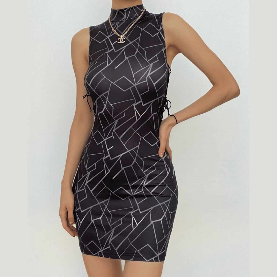 Geometric Print Mock Neck Sleeveless Lace Up Side Bodycon Mini Dress