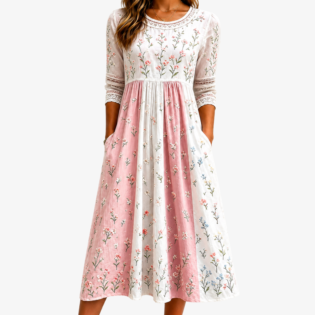 Floral Print Lace Trim Round Neck Pocket Midi Dress