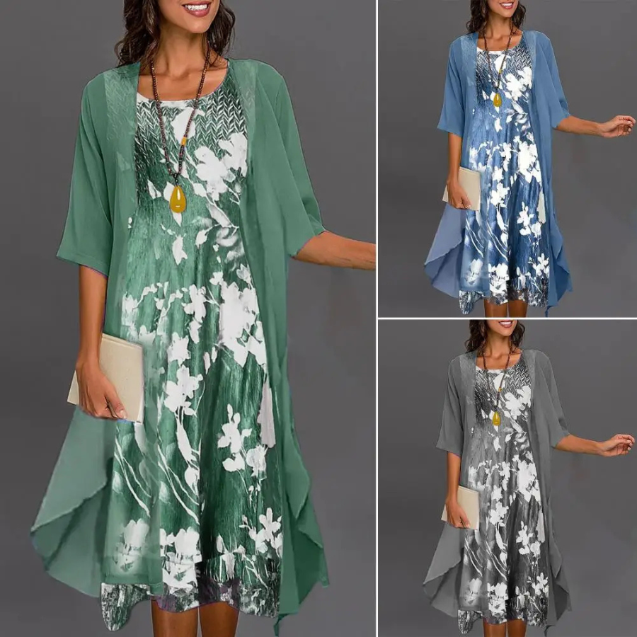 Floral Print Round Neck Open Cardigan Handkerchief Hem Two Piece Set