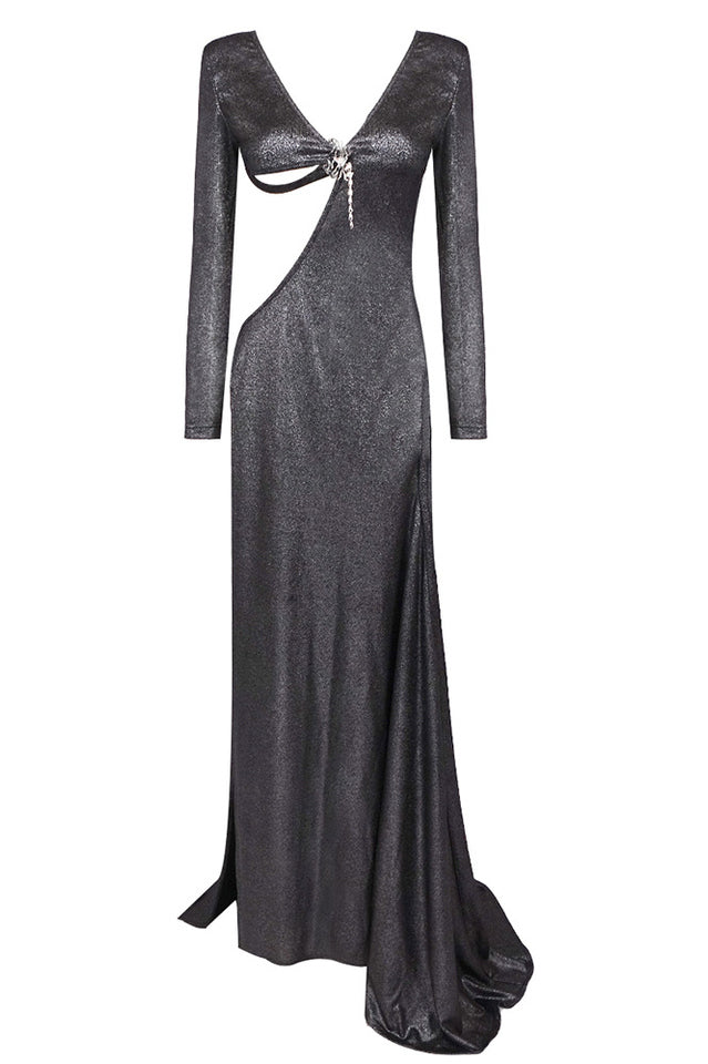 Sequin Long Sleeve Cut Out Backless High Split Gown 11