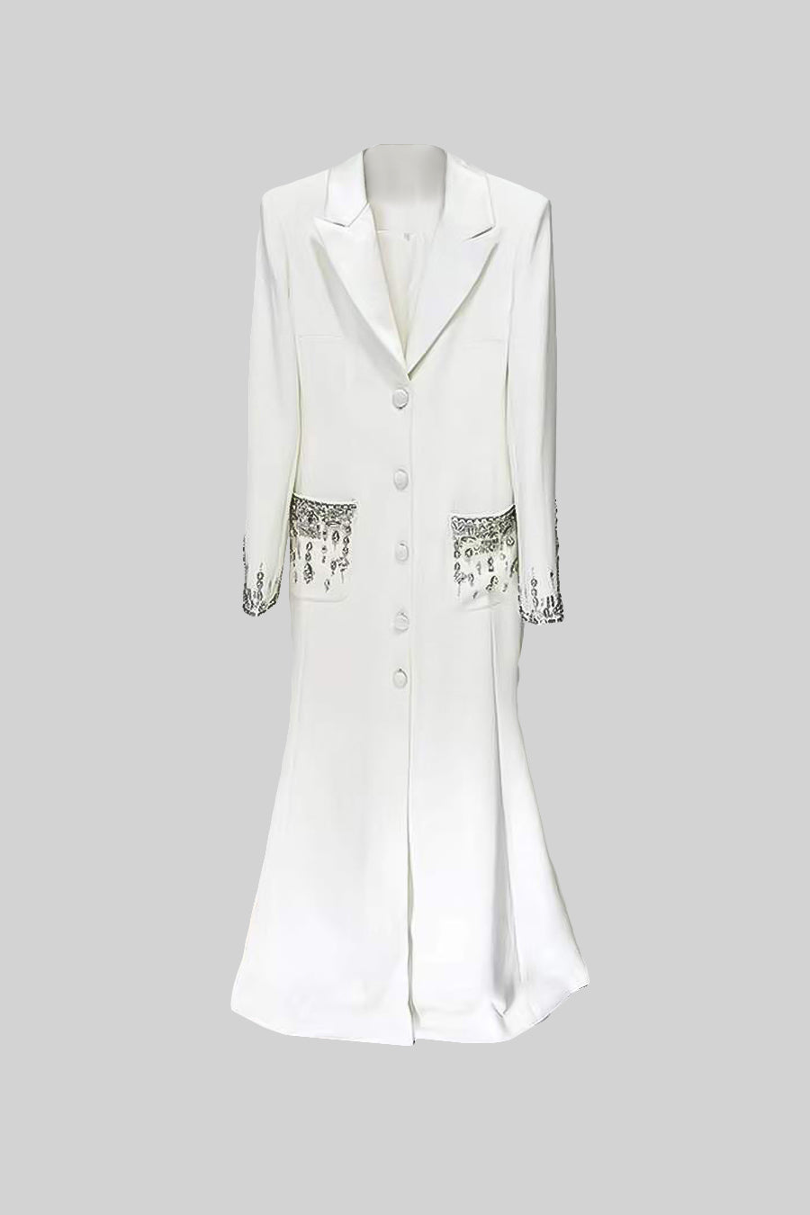Long Sleeve Notched Lapel Crystal Pocket Cuff Button Front Maxi Gown - View 2