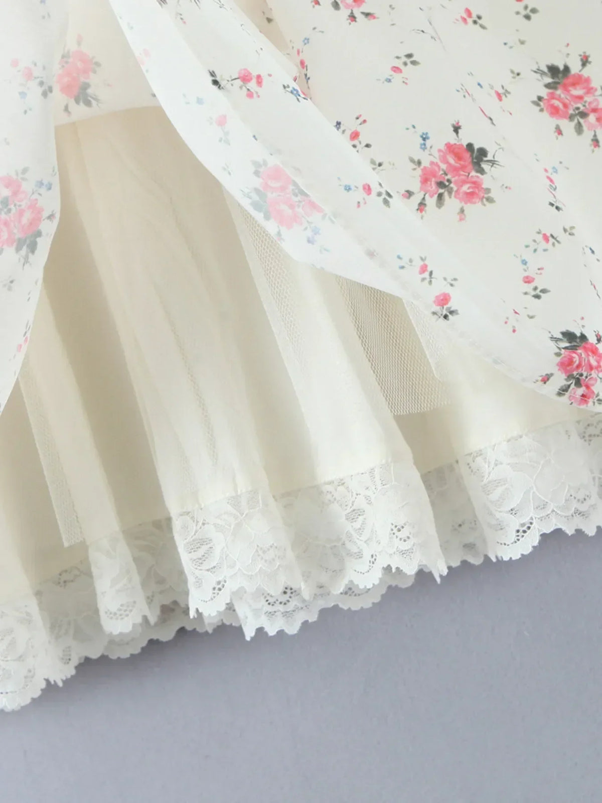 Ditsy Floral Off Shoulder Ruffle Lace Trim Bow Front Mini Dress 9