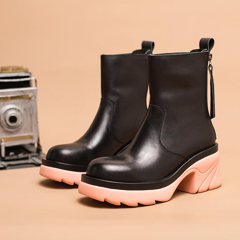 Colorful Sole Leather Short Boots Chunky Riding Boots High Heel Back Zip