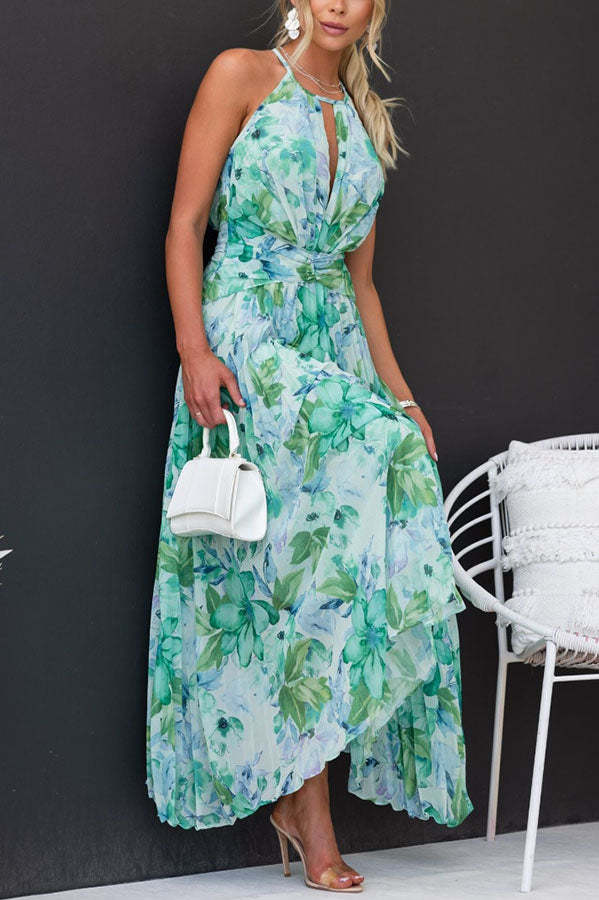 Chiffon Halter Neck Keyhole Twist Waist Pleated Floral Maxi Dress