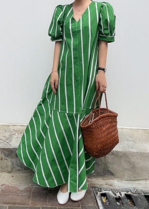 Striped V-Neck Puff Sleeve Tiered Flounce A-Line Maxi Dress