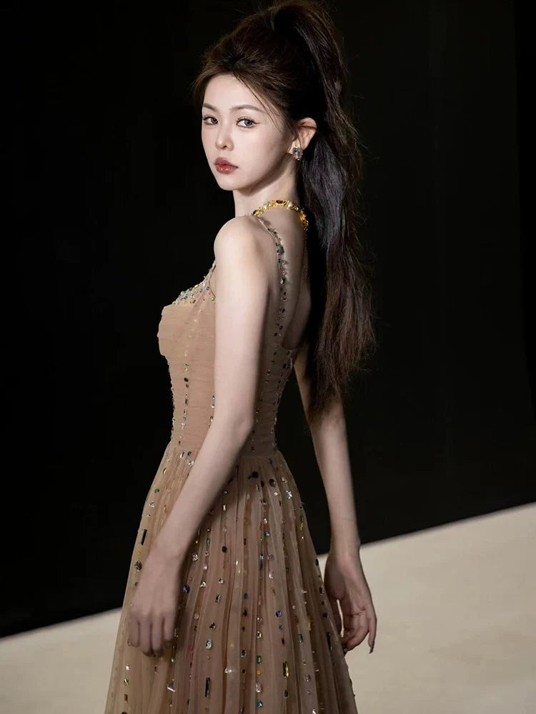 A Line Champagne Long Prom Dress Sexy Evening Dresses   fg7663