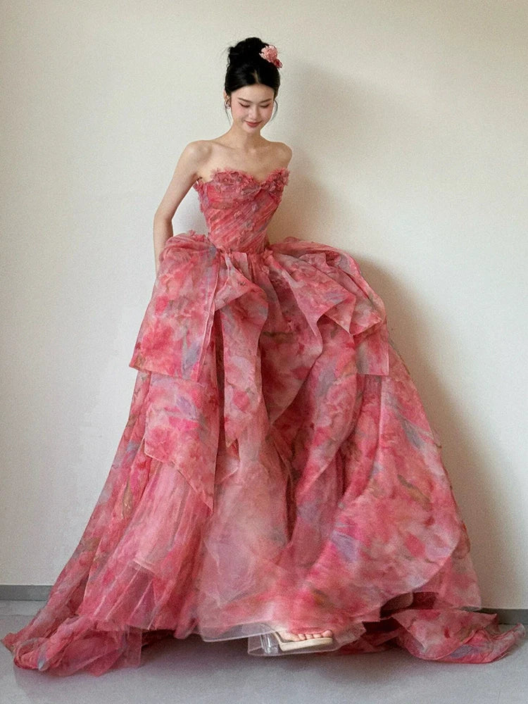 A Line Strapless Floral Print Long Prom Dress Sexy Evening Dresses   fg7660