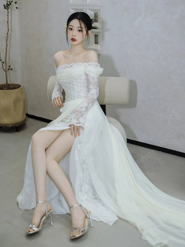 Off Shoulder Lace Long Wedding Dress Evening Party Dresses