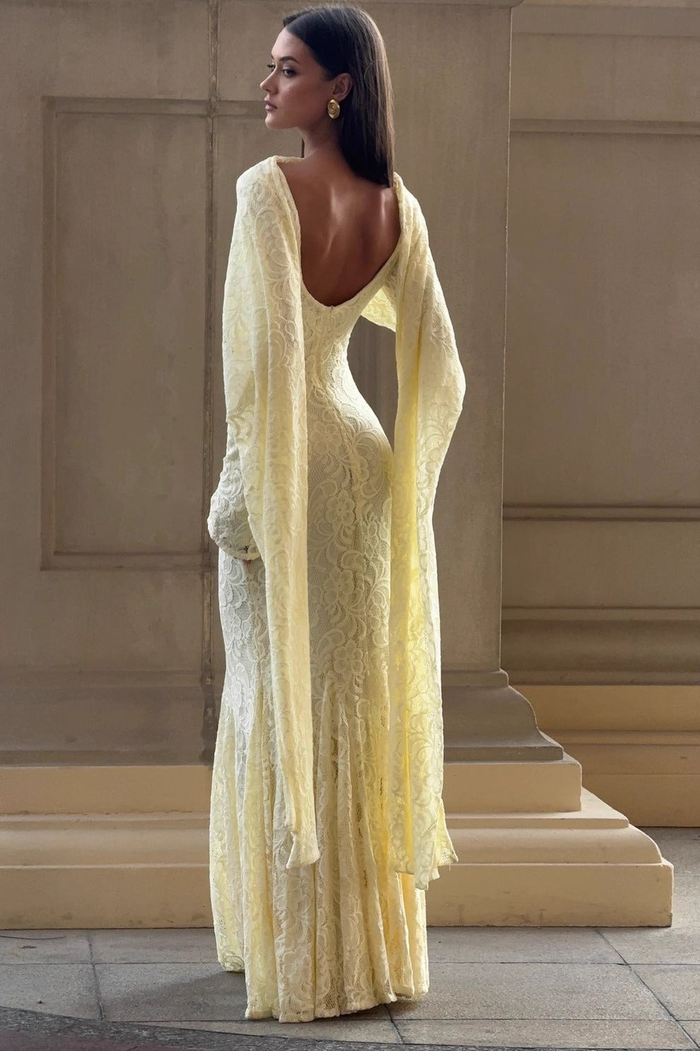 Lace Square Neck Long Sleeve Mermaid Maxi Dress