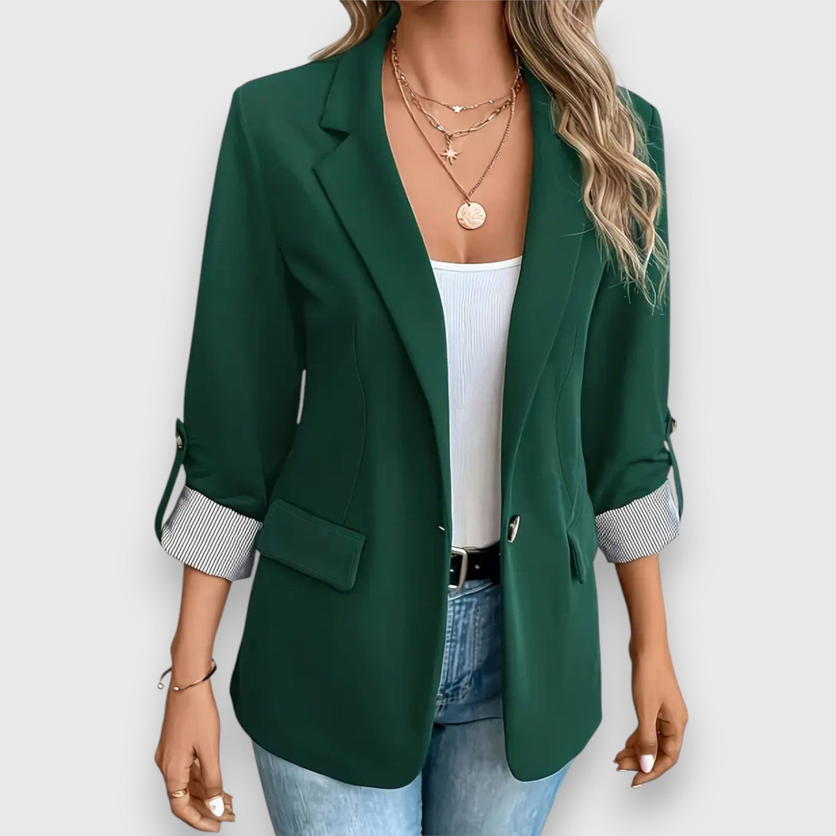 Notch Lapel Roll Up Sleeve Single Button Blazer