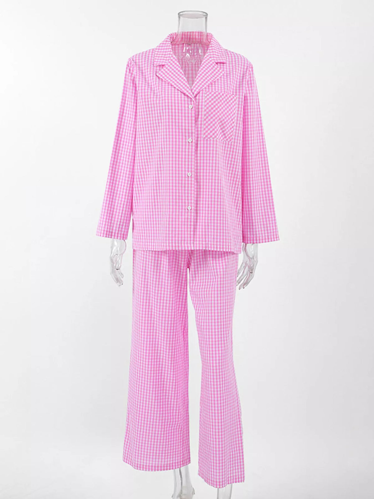 Gingham Button Front Long Sleeve Shirt and Wide Leg Pants Pajama Two Piece Set 6