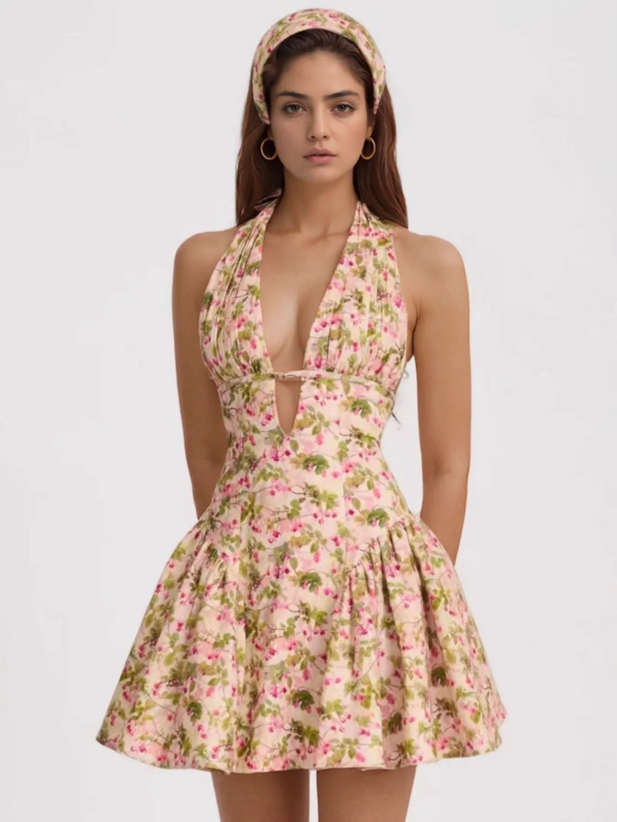 Floral Print Halter Plunge Keyhole Drop Waist Flared Mini Dress