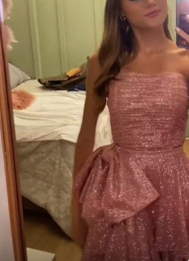 Chic Pink High Low Strapless Long Prom Dress Sequin Layered Party Gown Evening Dress cc1499