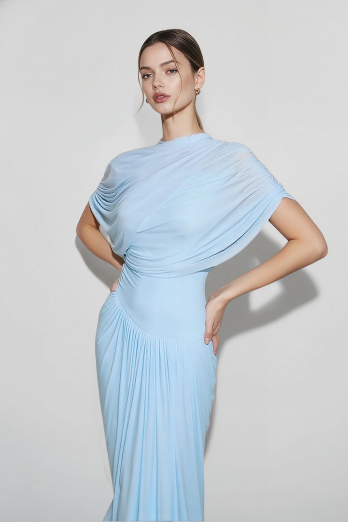 High Neck Draped Short Sleeve Ruched Flowy Maxi Gown - View 2