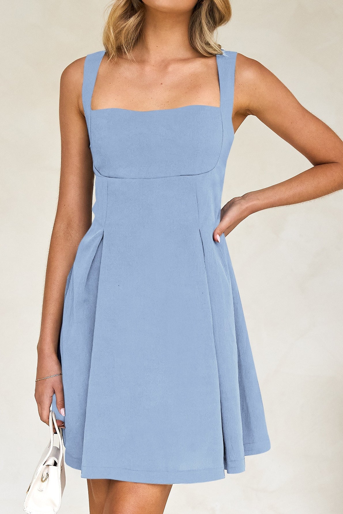 Square Neck Sleeveless Pleated Fit and Flare Mini Dress