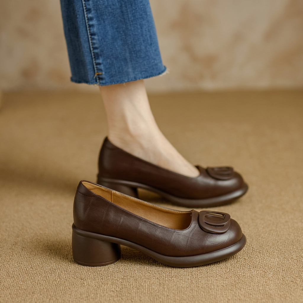Round Toe Slip On Block Heel Loafers