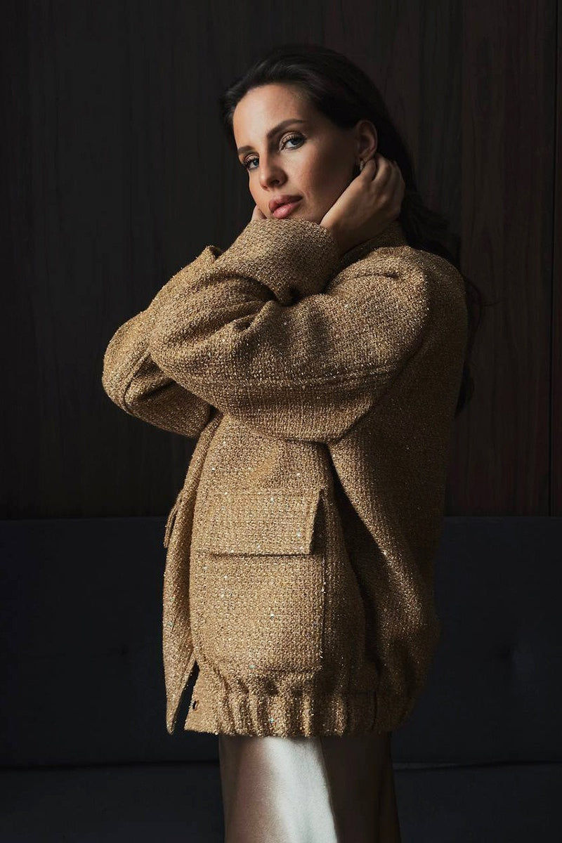 Metallic Sequined Stand Collar Coat