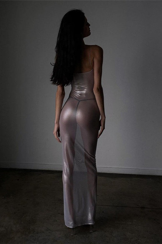 Spaghetti Strap Sheer Shimmer Bodycon Slip Maxi Dress