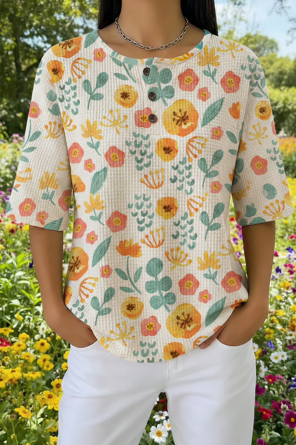 Womens Cream Orange and Yellow Floral Print Casual Shirt