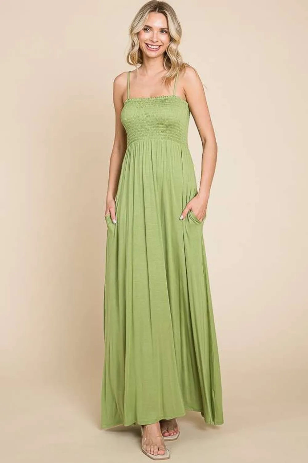 Smocked Bodice Cami Maxi Dress with Pockets