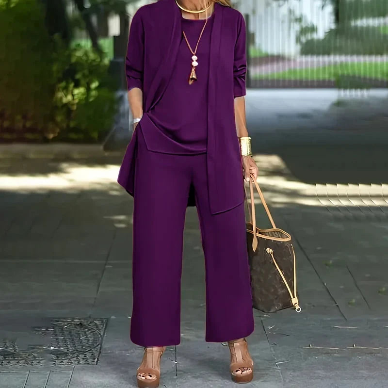 Round Neck Top Open Front Duster and Wide Leg Pants Three Piece Set
