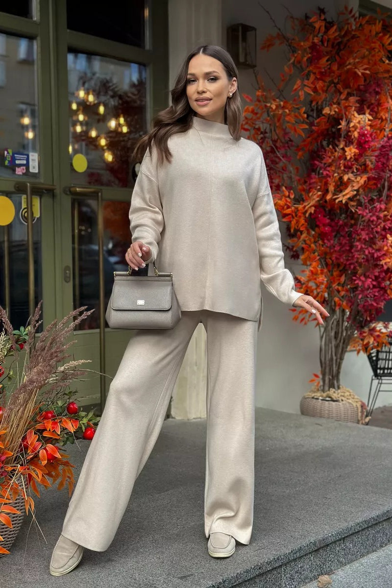 Mock Neck Front Seam Side Slit Sweater and Wide Leg Pants Two Piece Set 2