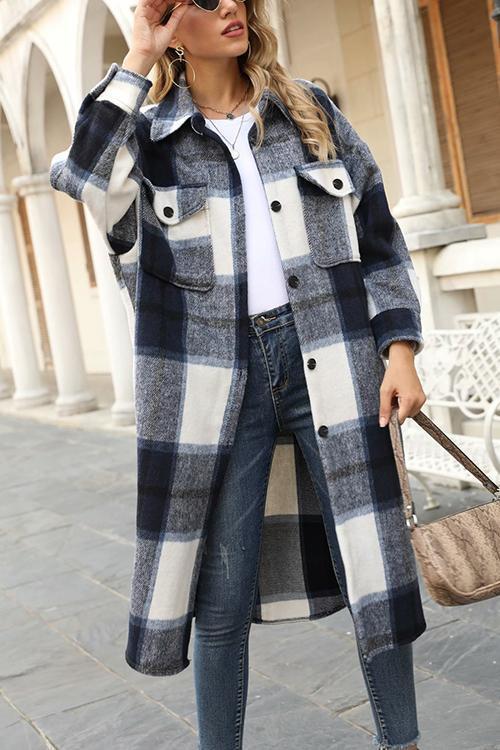Single Breasted Plaid Long Coat