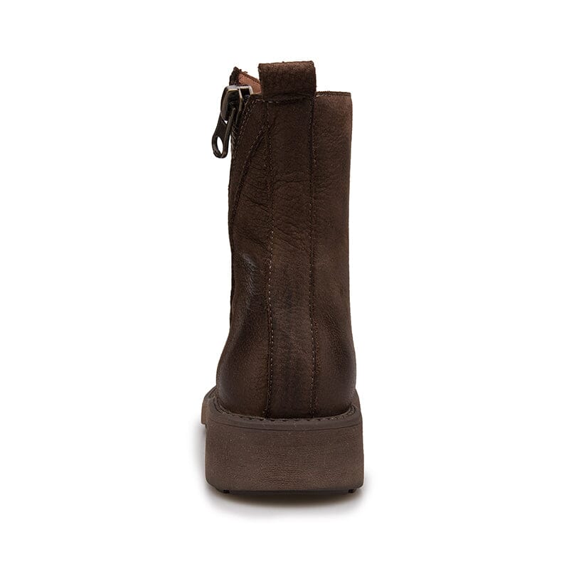 Full Grain Leather Zip Boots Retro Women Chunky Ankle Boots Black/Coffee