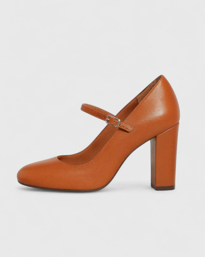 Ankle Strap Round Toe High Block Heel Pumps