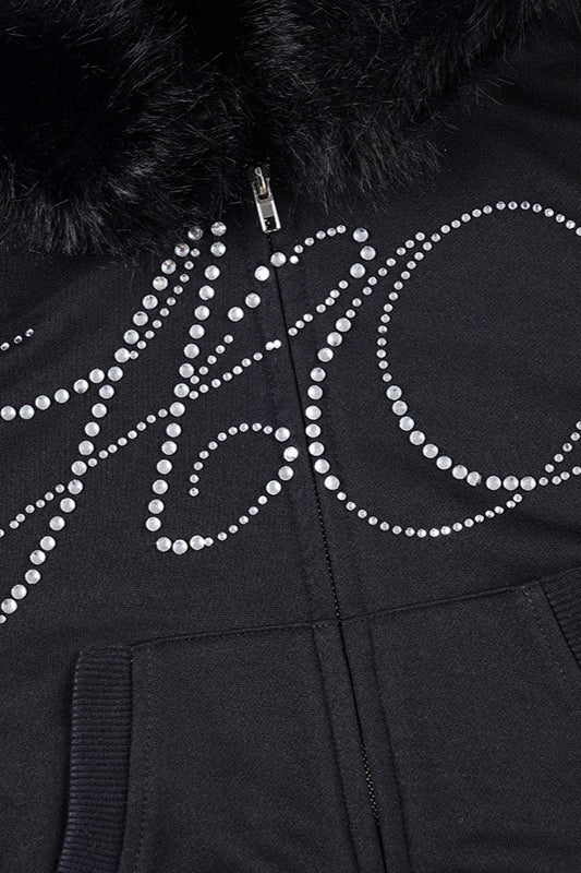 Rhinestone Letter Zip Hoodie