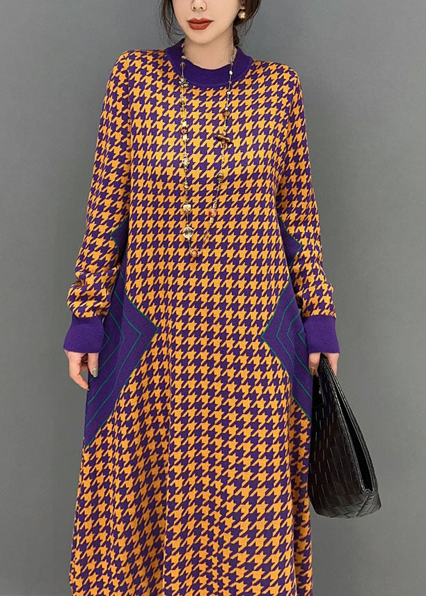 Houndstooth Mock Neck Long Sleeve Side Panel Knit Midi Dress