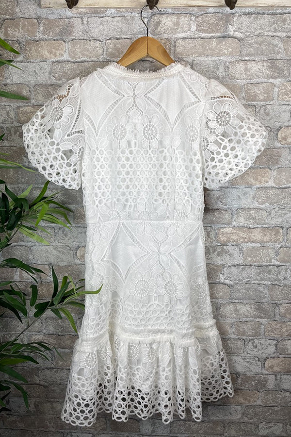 Sweet Valor Crochet Lace Puff Sleeve Button Up Mini Dress - View 6