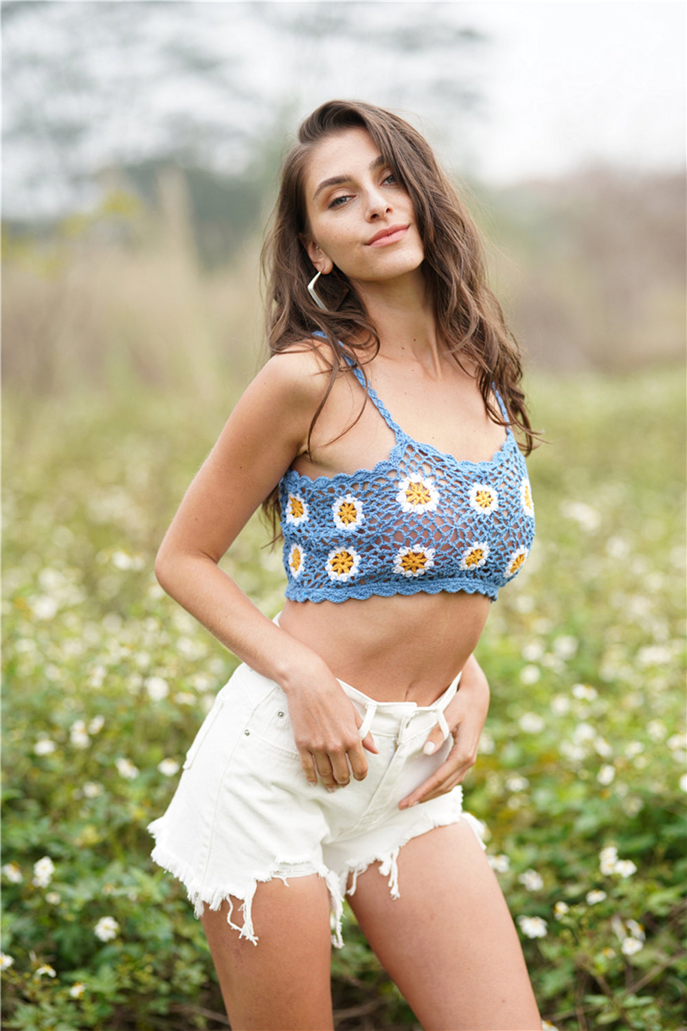 Daisy Floral Crochet Scalloped Hem Cropped Cami Top 3