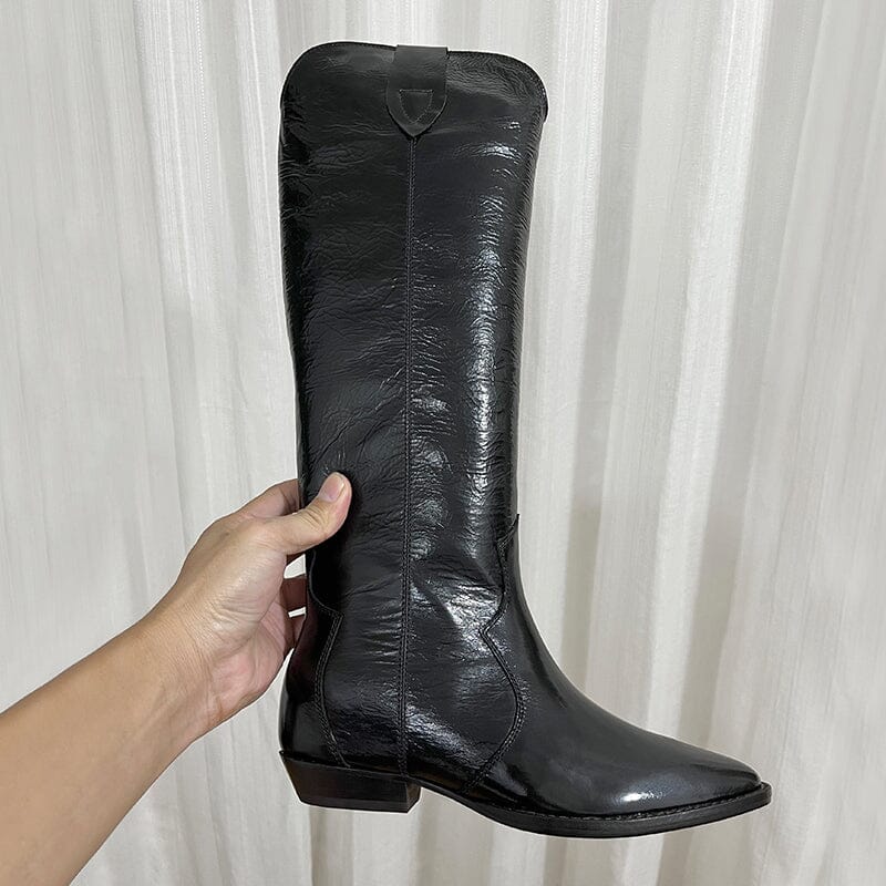 Womens Western Suede Knee High Boots Block Heel - Khaki/Black Cowgirl Boots All Genuine Leather