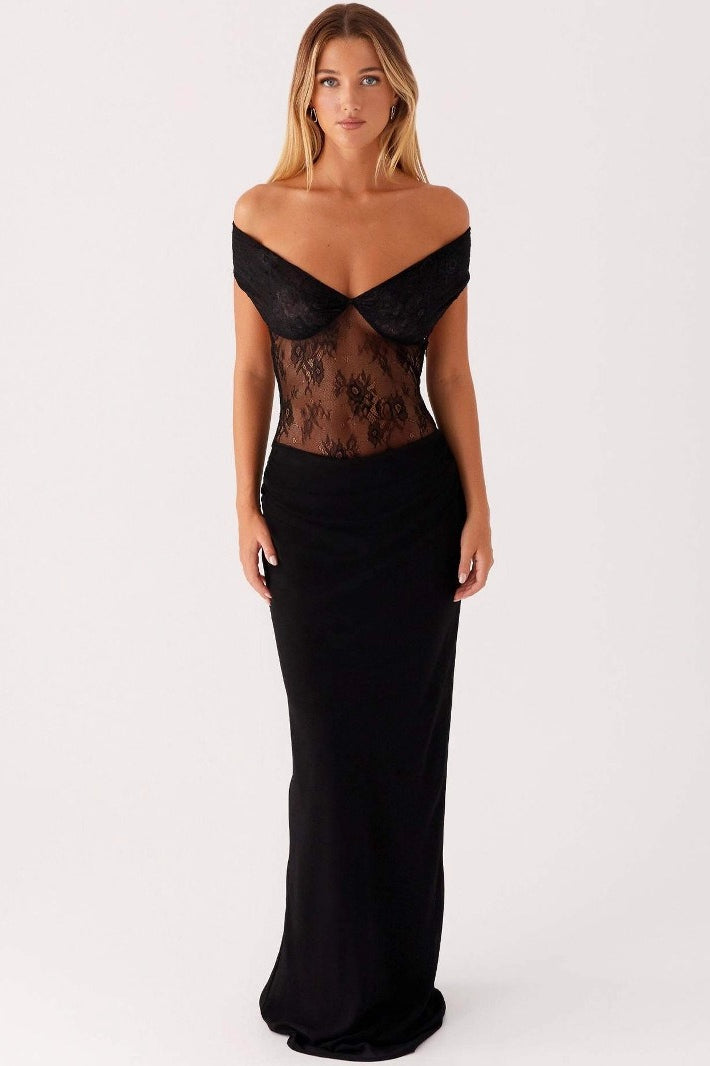 Off Shoulder Sheer Lace Bodice V-Neck Column Maxi Dress