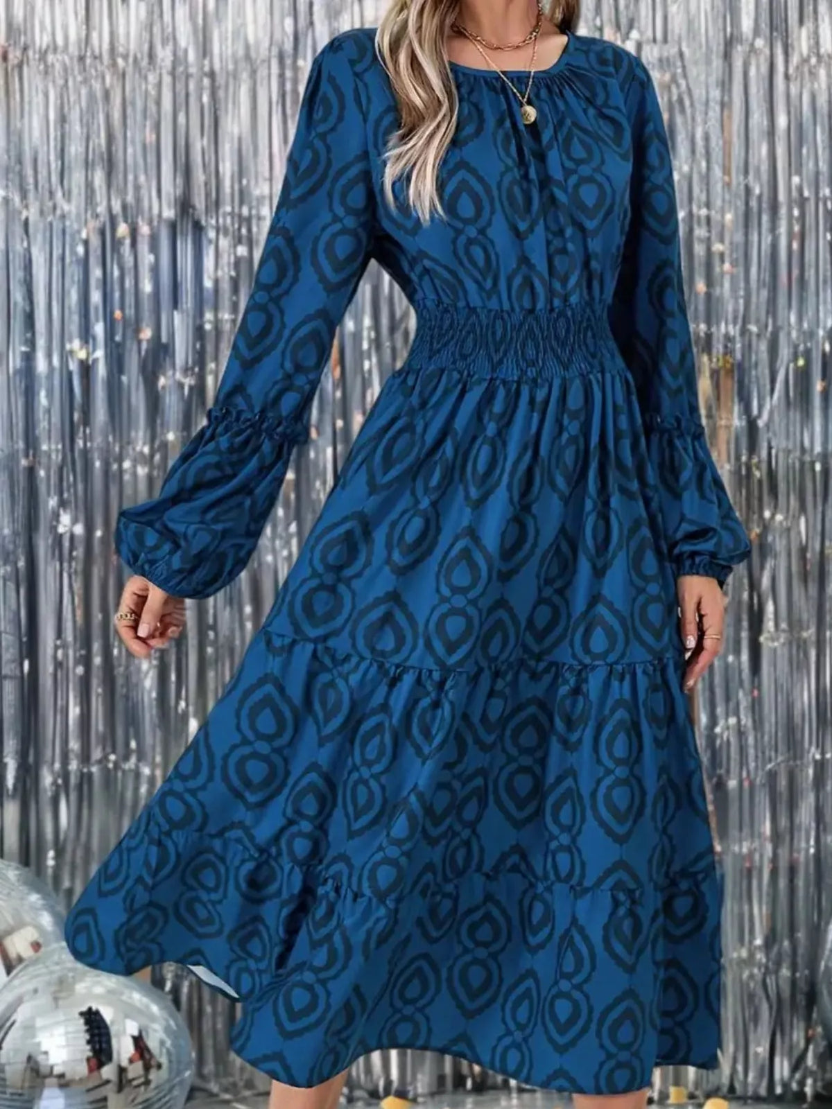 Geometric Print Smocked Waist Balloon Sleeve Tiered Midi Dress 5