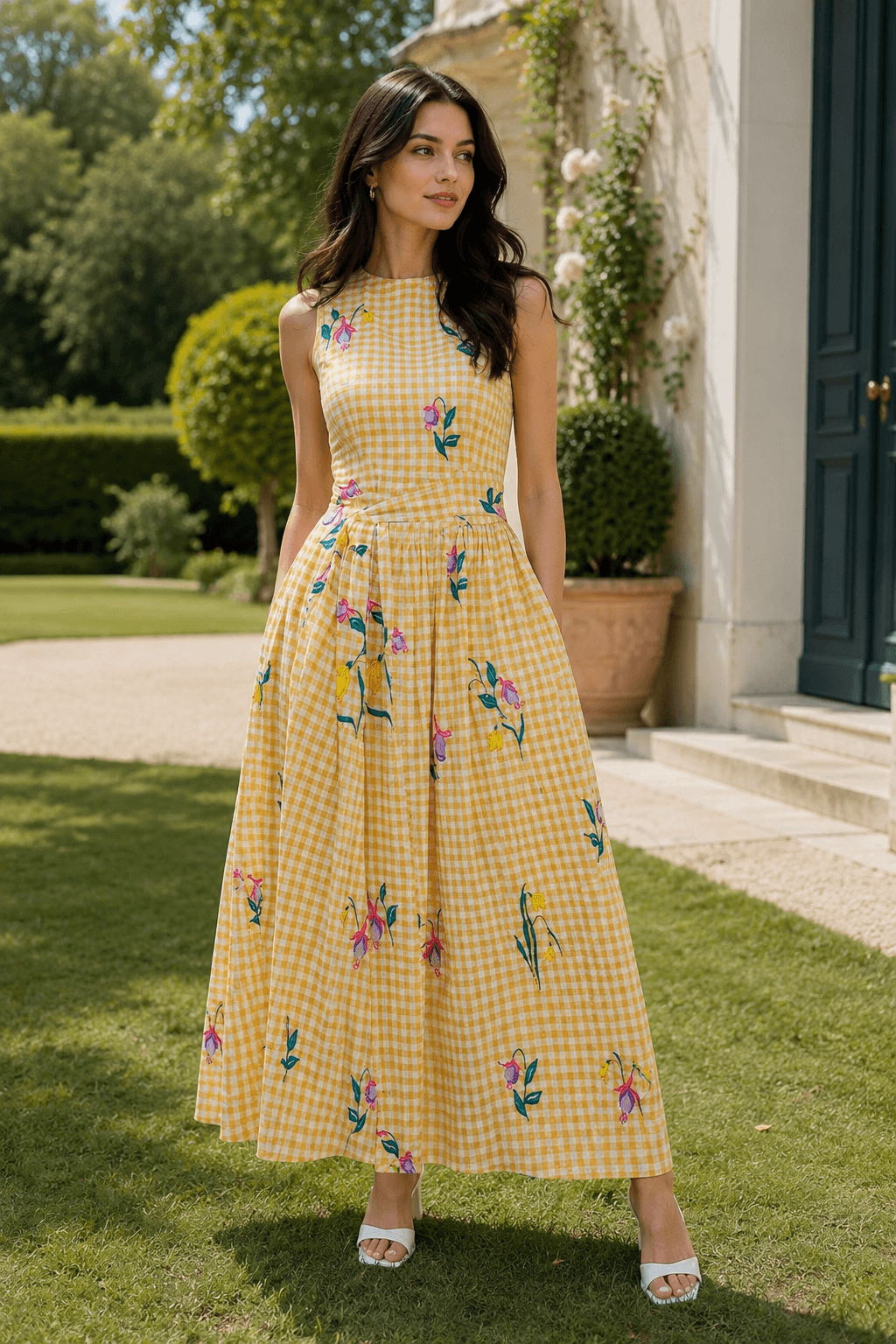 Vintage Heavy Floral Embroidery Tie Waist Sleeveless Long Floral Dress