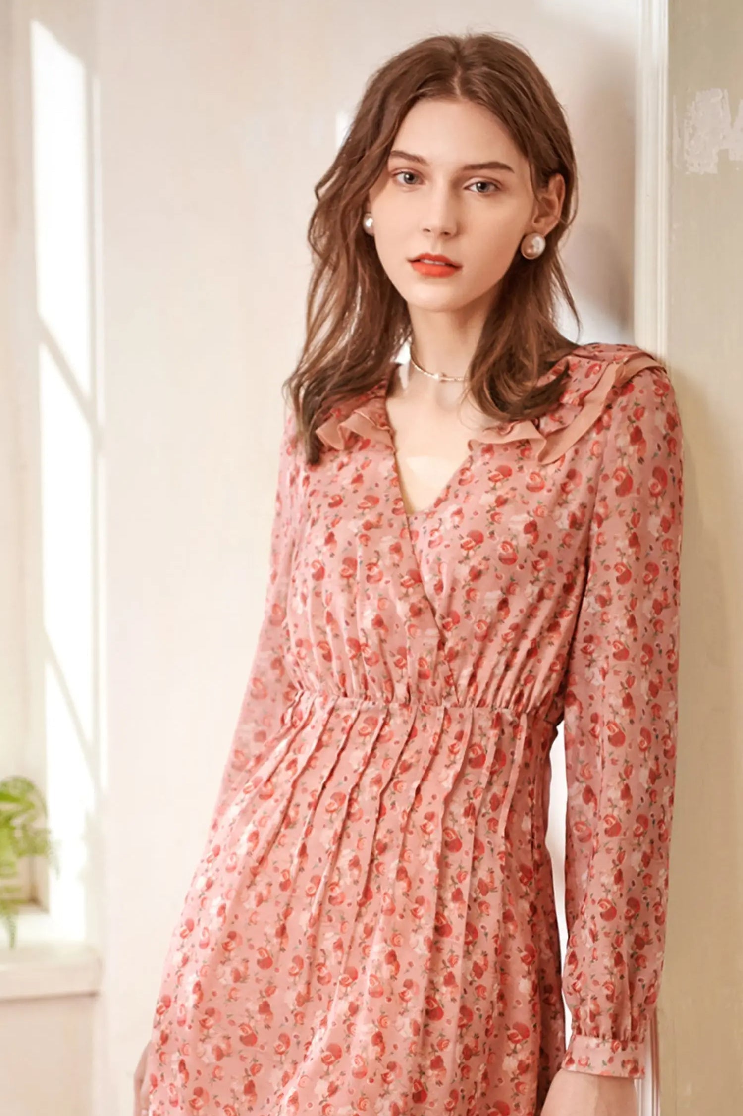 Floral Print Deep V-Neck Ruffle Trim Long Sleeve Fit and Flare Midi Dress