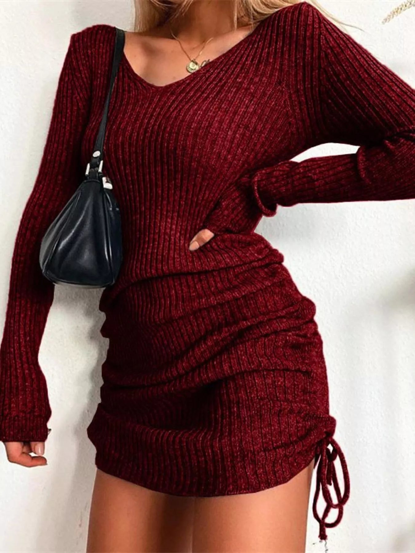 Full Size Ribbed Knit Drawstring Bodycon Sweater Dress Plus Size Burgundy