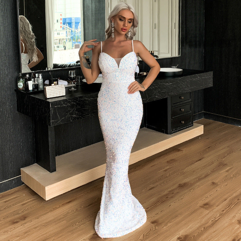 Sequin Spaghetti Strap Ruched Mermaid Gown