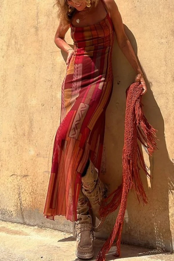 Backless Lace Up Fringe High Split Boho Maxi Dress
