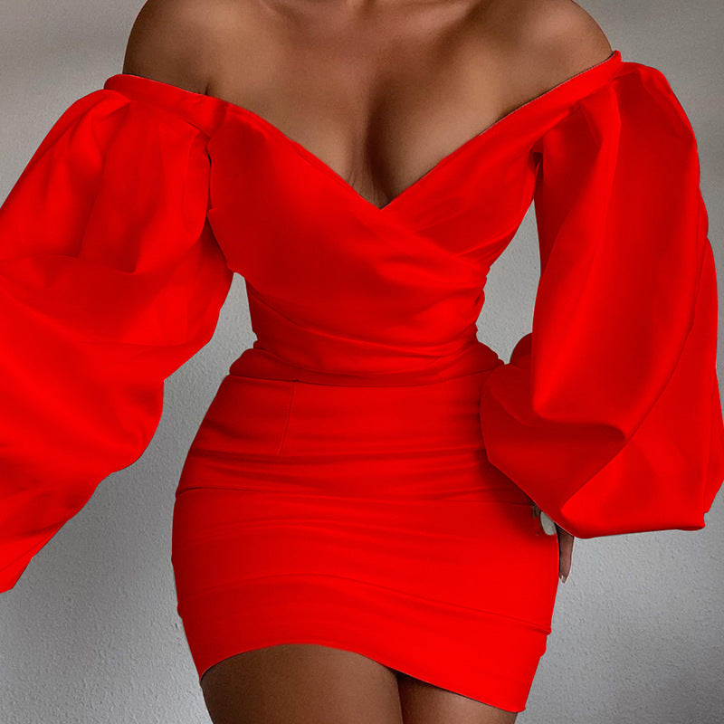 Satin Off Shoulder Surplice Neck Puff Sleeve Bodycon Mini Dress 3