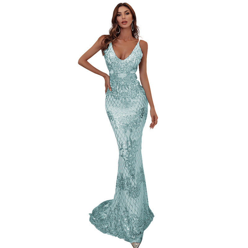 Sequin V-Neck Spaghetti Strap Mermaid Gown