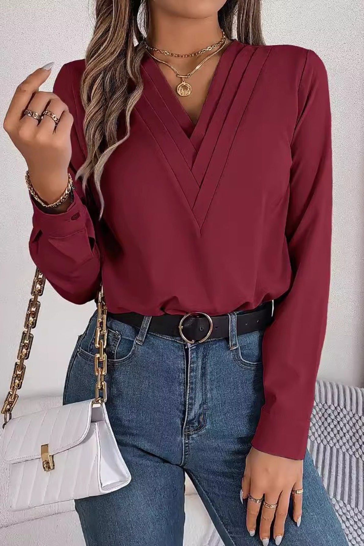 Solid Color Layered V Neck Elegant Long Sleeve Blouse
