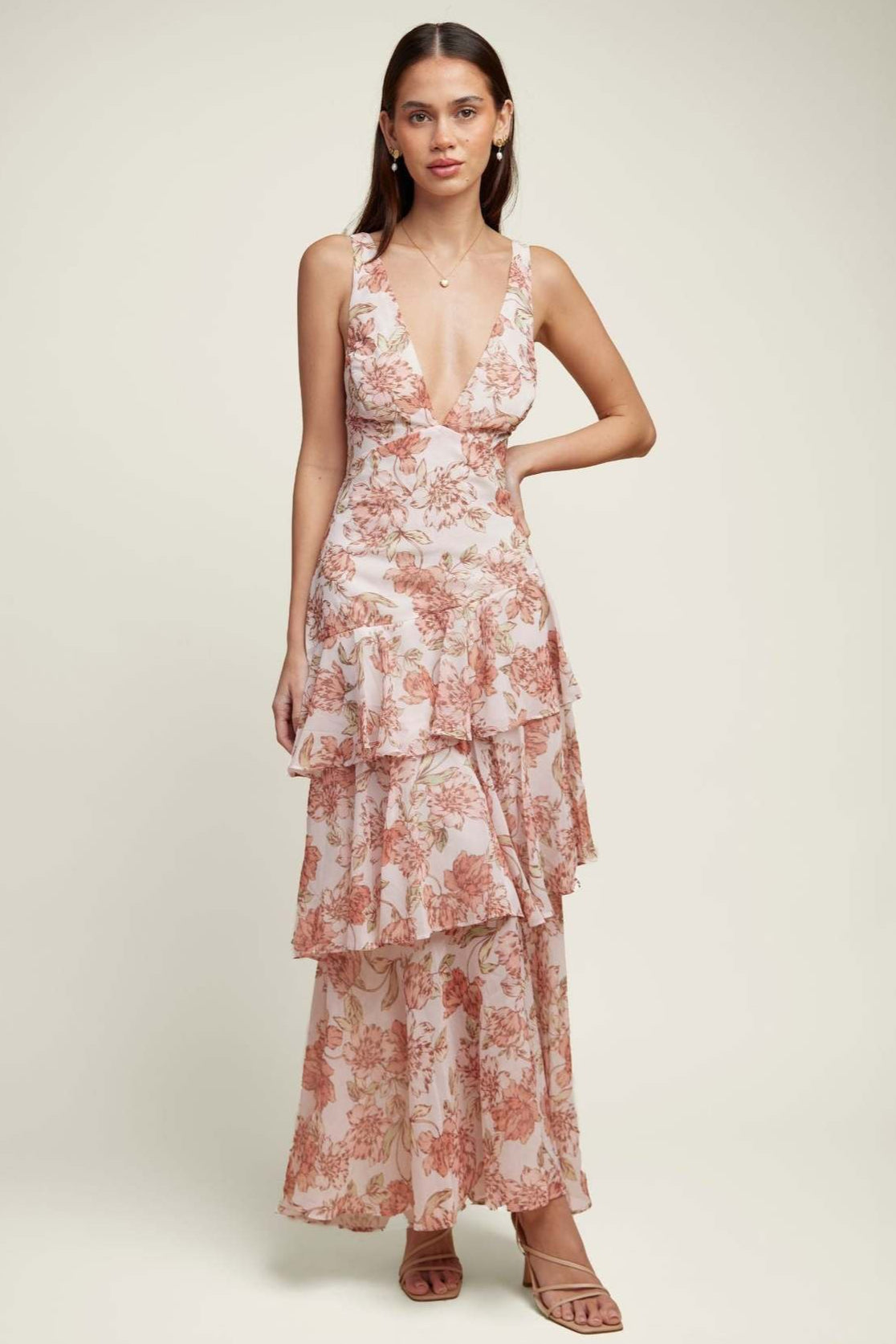 Floral Deep V-Neck Sleeveless Tiered Ruffle Chiffon Maxi Dress