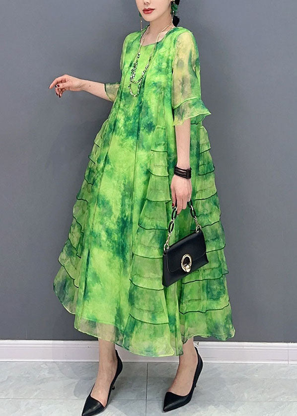Tie Dye Round Neck Ruffle Sleeve Tiered Ruffle Chiffon Midi Dress