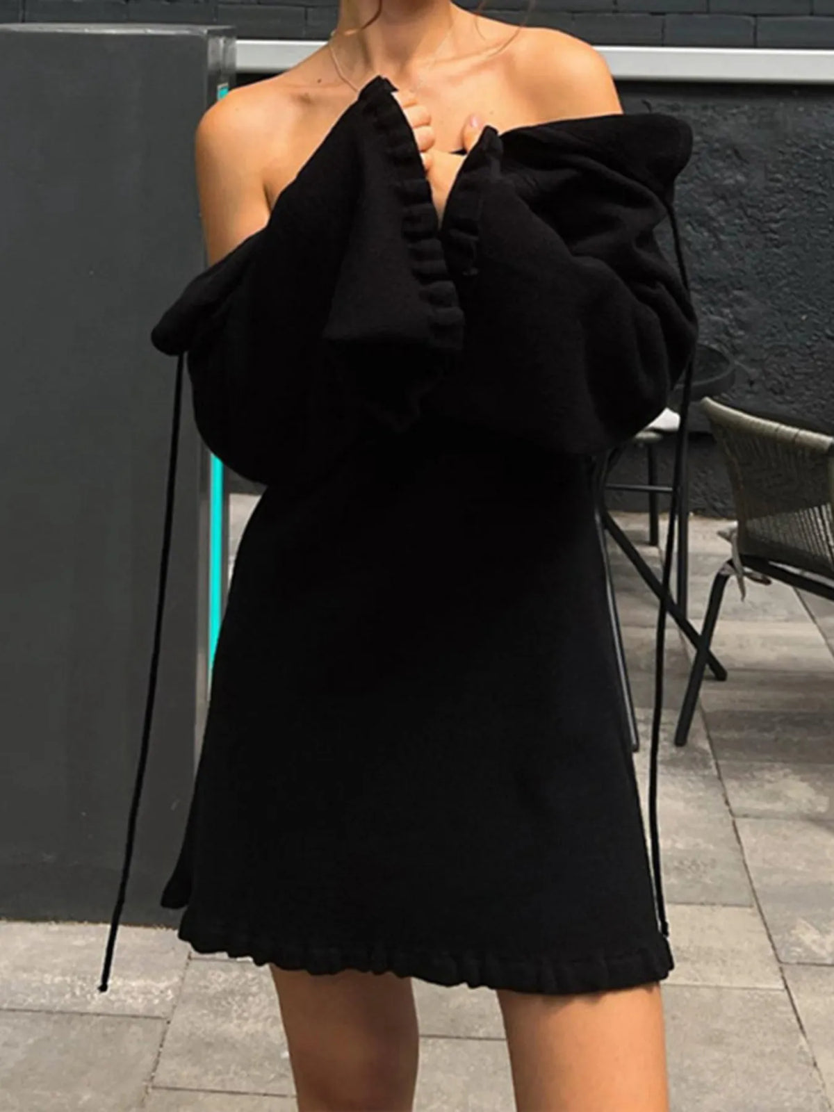 Knit Flare Long Sleeve Open Back Ruffle Hem Sweater Mini Dress 7